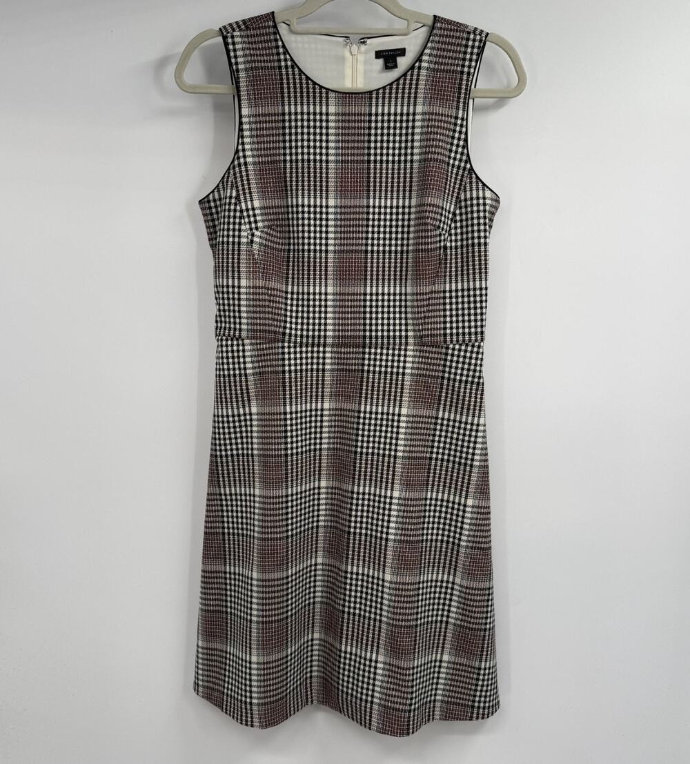 Ann Taylor Plaid Shift Dress Size 4 Brown Black Sleeveless Workwear Preppy